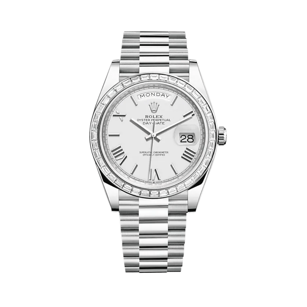 Luxury Watch Rolex Day-Date 40 Platinum Diamond Bezel White Dial 228396TBR Wrist Aficionado