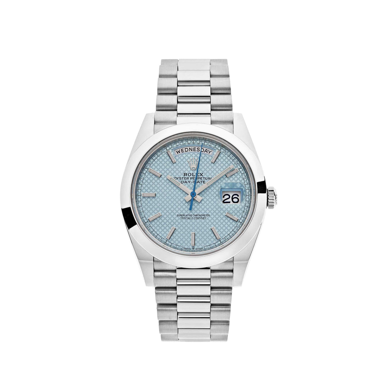 Rolex Day-Date 40 Platinum Ice Blue Diagonal Motif Dial 228206 (2022) Wrist Aficionado