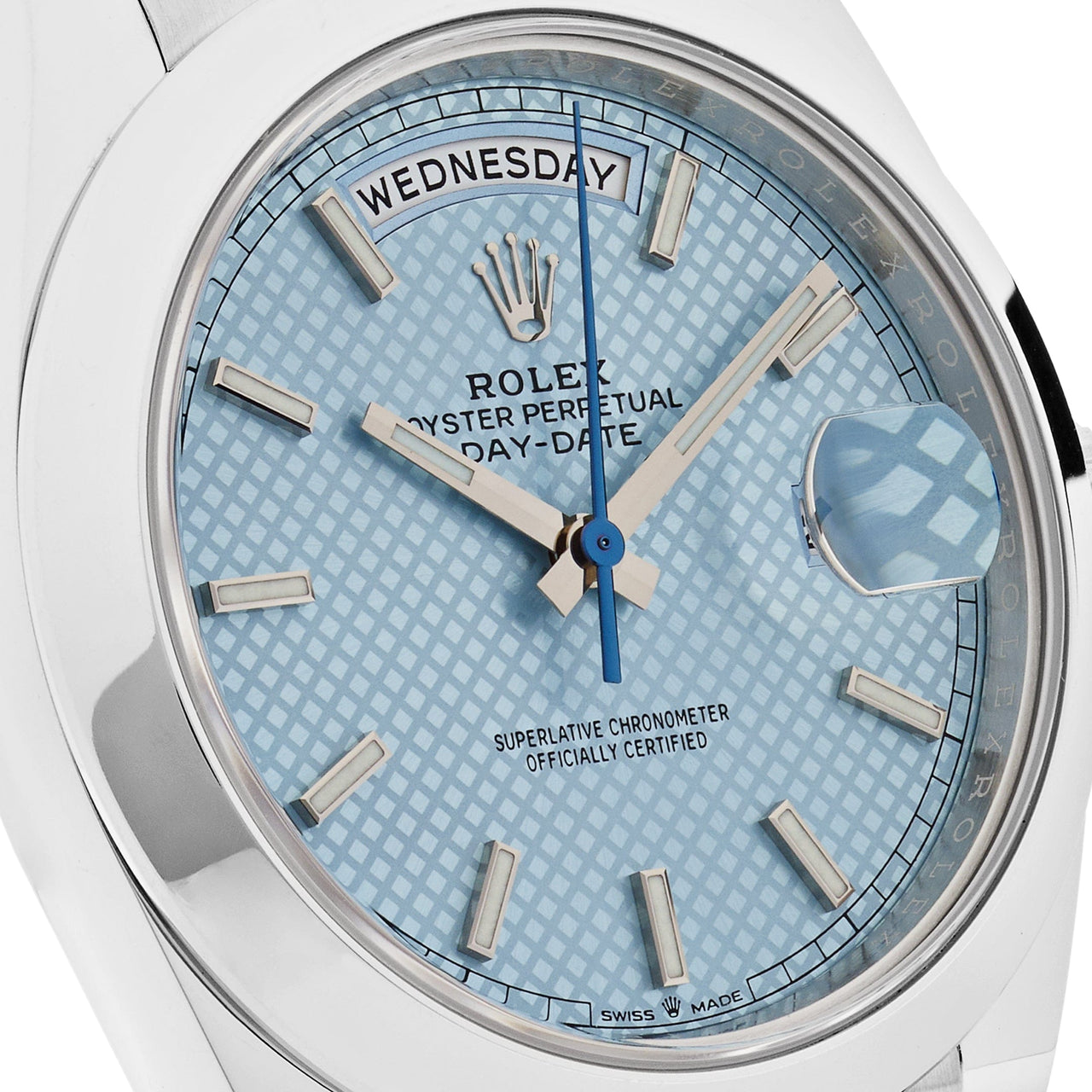 Rolex Day-Date 40 Platinum Ice Blue Diagonal Motif Dial 228206 (2022) Wrist Aficionado