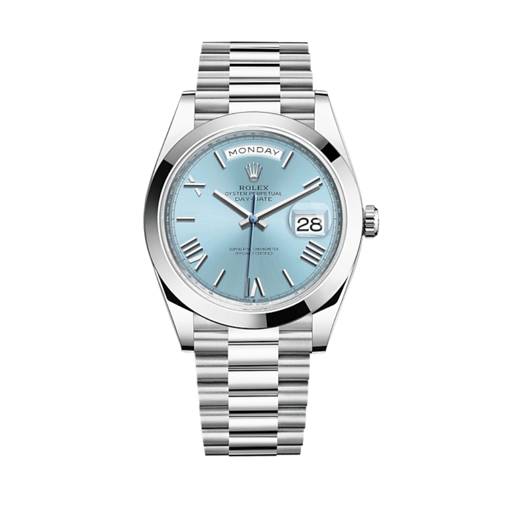 Luxury Watch Rolex Day-Date 40 Platinum Ice Blue Roman Dial 228206 Wrist Aficionado