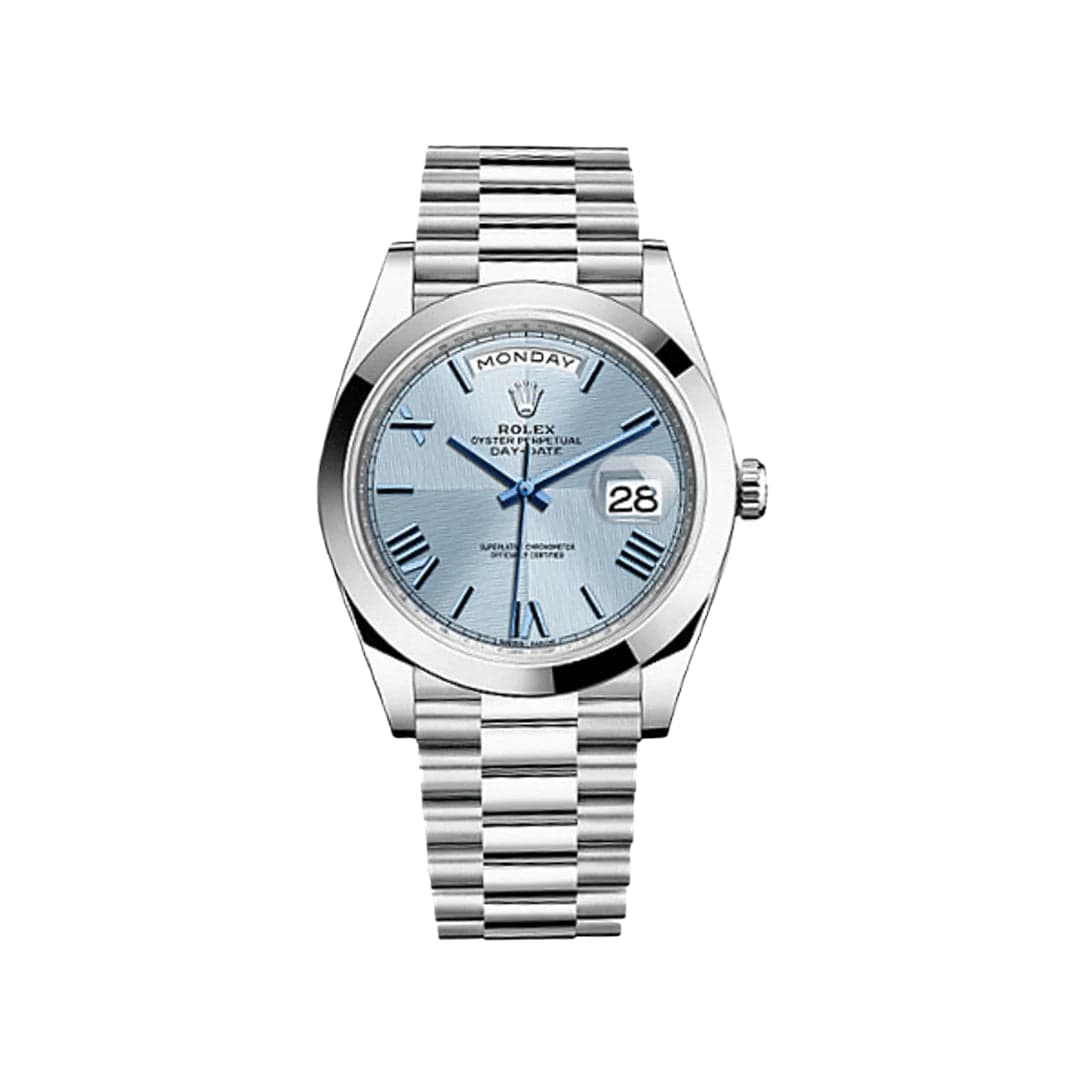 Luxury Watch Rolex Day-Date 40 Platinum Ice Blue Roman Dial 228206 Wrist Aficionado