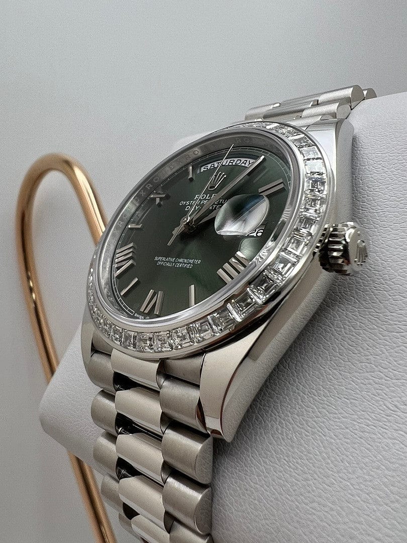 Luxury Watch Rolex Day-Date 40 Platinum Olive Green Dial Diamond Bezel 228396TBR Wrist Aficionado