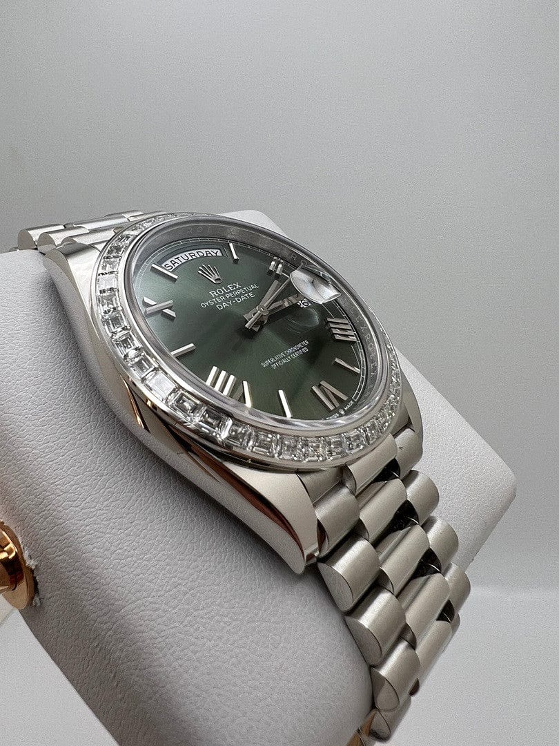 Luxury Watch Rolex Day-Date 40 Platinum Olive Green Dial Diamond Bezel 228396TBR Wrist Aficionado