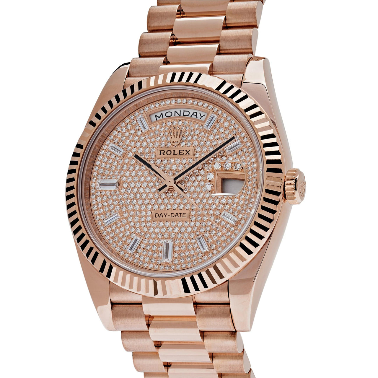 Luxury Watch Rolex Day-Date 40 Rose Gold Baguette Diamond Paved Dial 228235 Wrist Aficionado