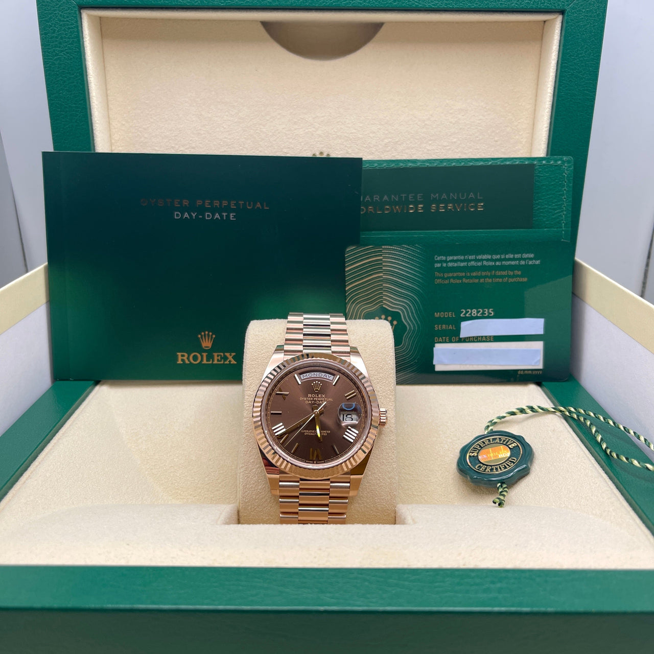 Luxury Watch Rolex Day-Date 40 Rose Gold Chocolate Roman Dial 228235 Wrist Aficionado