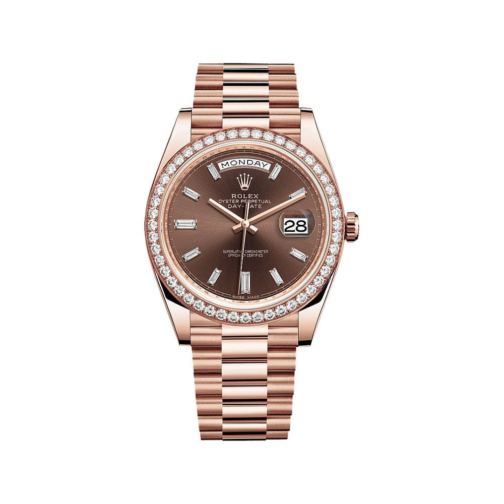 Luxury Watch Rolex Day-Date 40 Rose Gold Diamond Bezel Chocolate Dial 228345RBR Wrist Aficionado