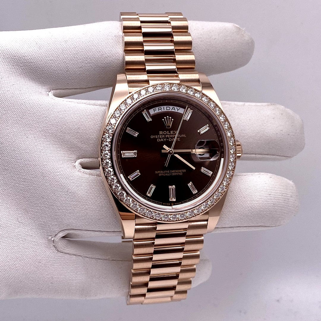 Luxury Watch Rolex Day-Date 40 Rose Gold Diamond Bezel Chocolate Dial 228345RBR Wrist Aficionado