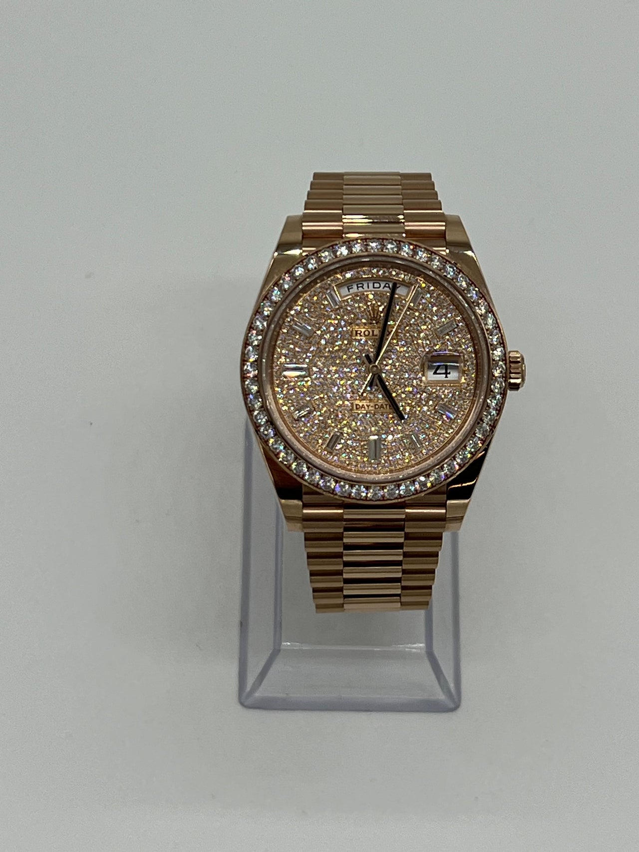 Luxury Watch Rolex Day-Date 40 Rose Gold Diamond Bezel Diamond-Paved Dial 228345RBR Wrist Aficionado