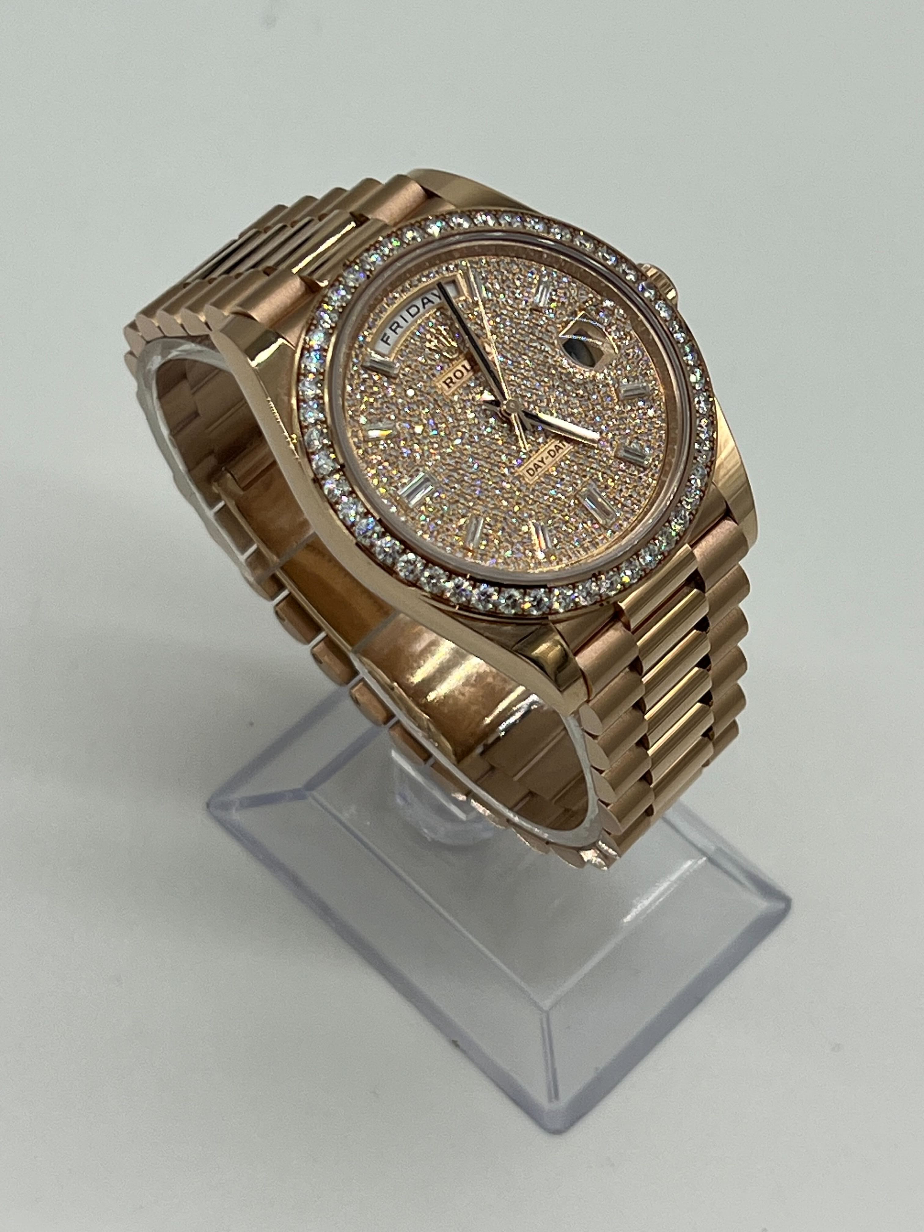 Luxury Watch Rolex Day-Date 40 Rose Gold Diamond Bezel Diamond-Paved Dial 228345RBR Wrist Aficionado