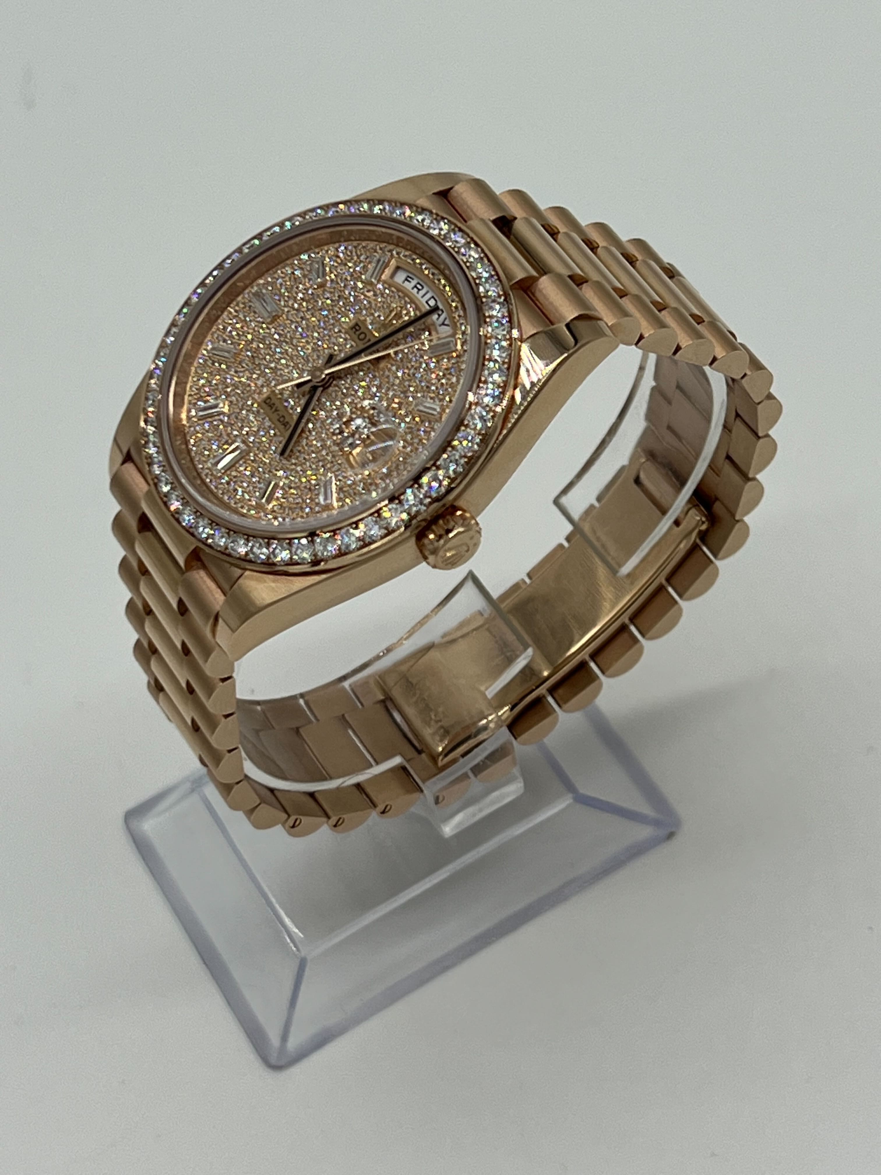 Luxury Watch Rolex Day-Date 40 Rose Gold Diamond Bezel Diamond-Paved Dial 228345RBR Wrist Aficionado