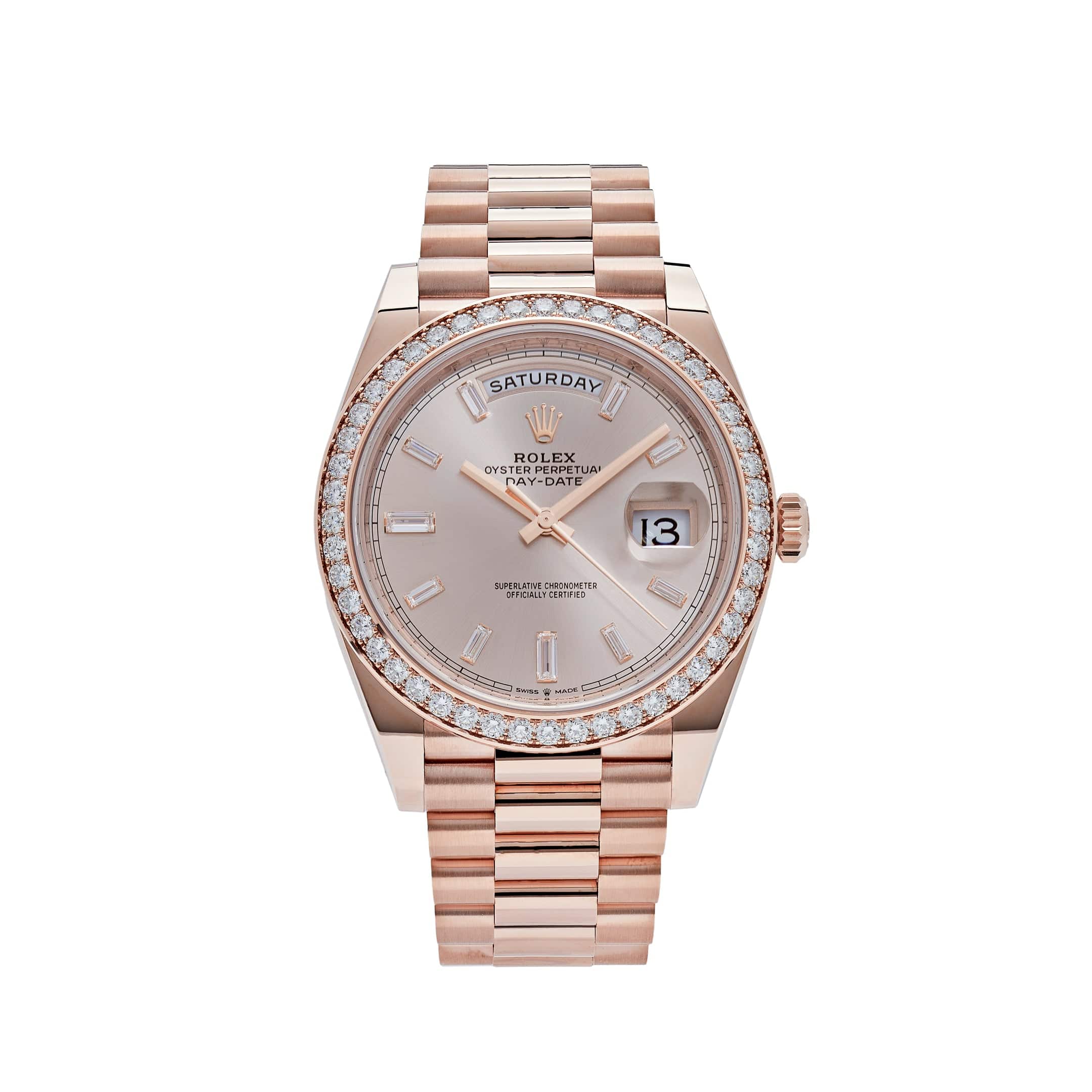 Rolex Day Date 228345RBR Rose Gold Diamond Bezel Sundust Diamond