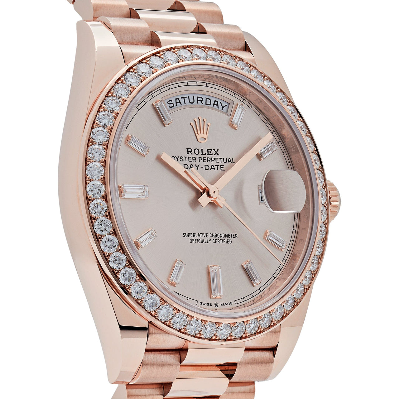 Luxury Watch Rolex Day-Date 40 Rose Gold Diamond Bezel Sundust Diamond Dial 228345RBR Wrist Aficionado