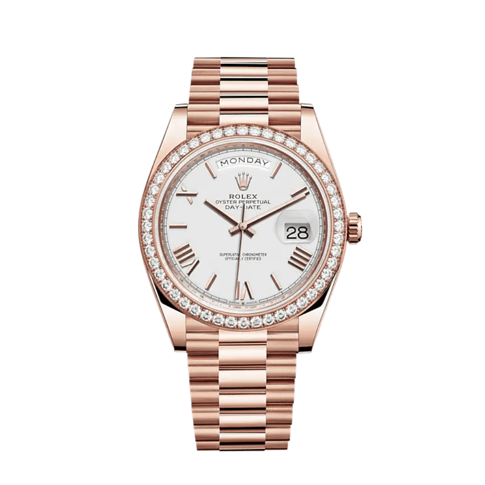 Luxury Watch Rolex Day-Date 40 Rose Gold  Diamond Bezel White Dial 228345RBR Wrist Aficionado