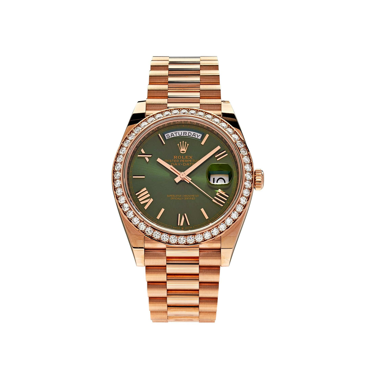 Luxury Watch Rolex Day-Date 40 Rose Gold Olive Green Dial Diamond Bezel 228345RBR Wrist Aficionado