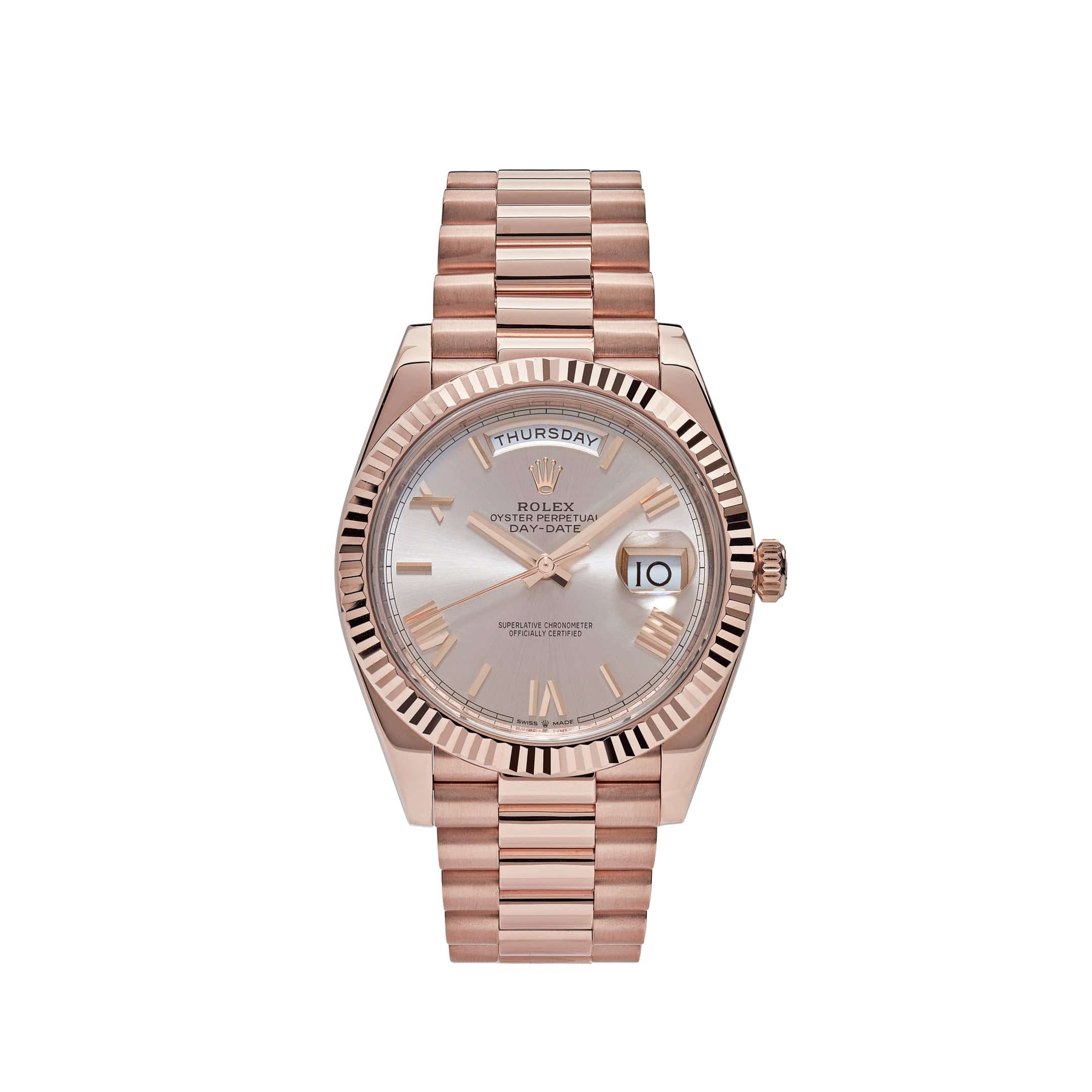 Luxury Watch Rolex Day-Date 40 Rose Gold Sundust Roman Dial 228235 Wrist Aficionado