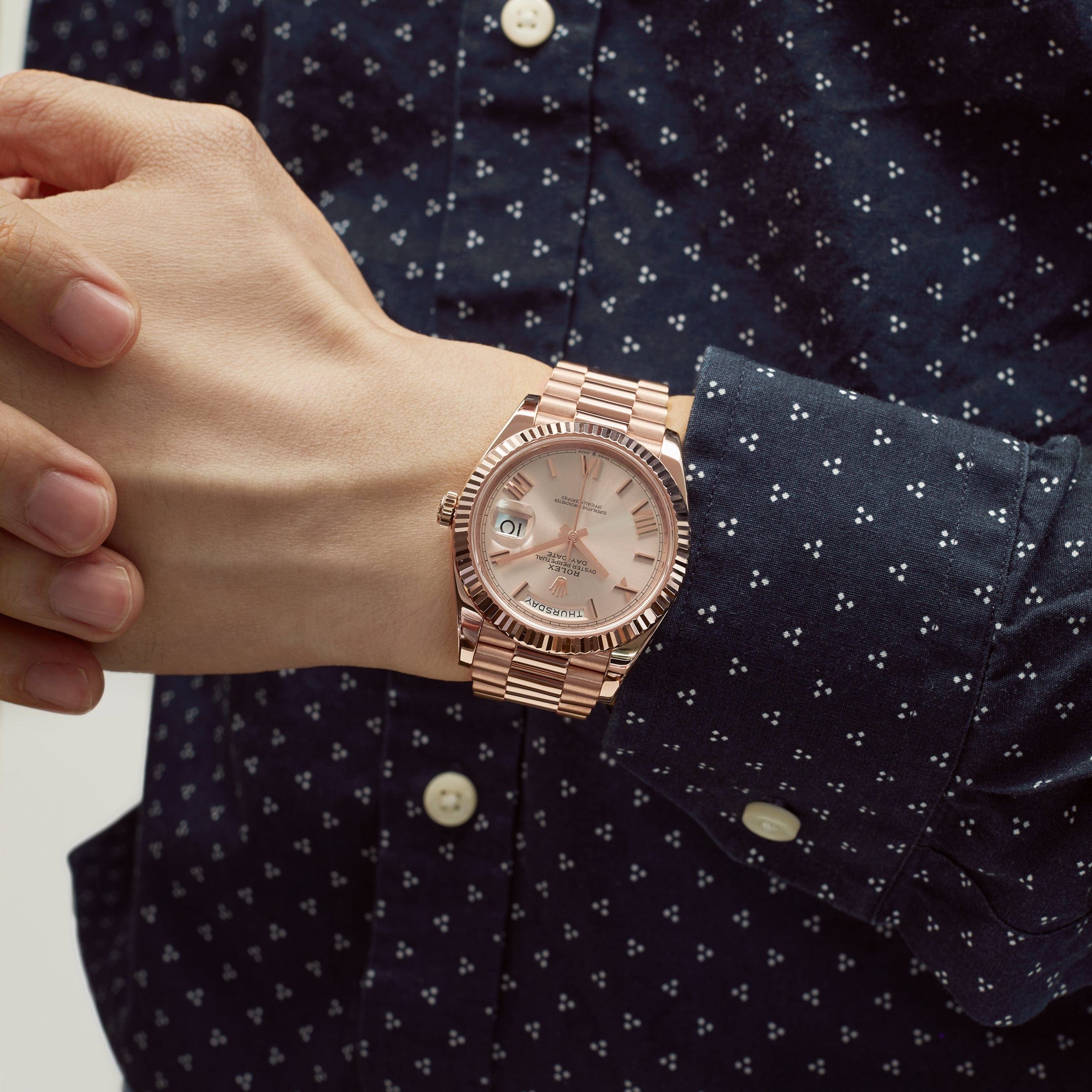 Rolex Day-Date 40 228235 Rose Gold Sundust Roman Dial – Wrist