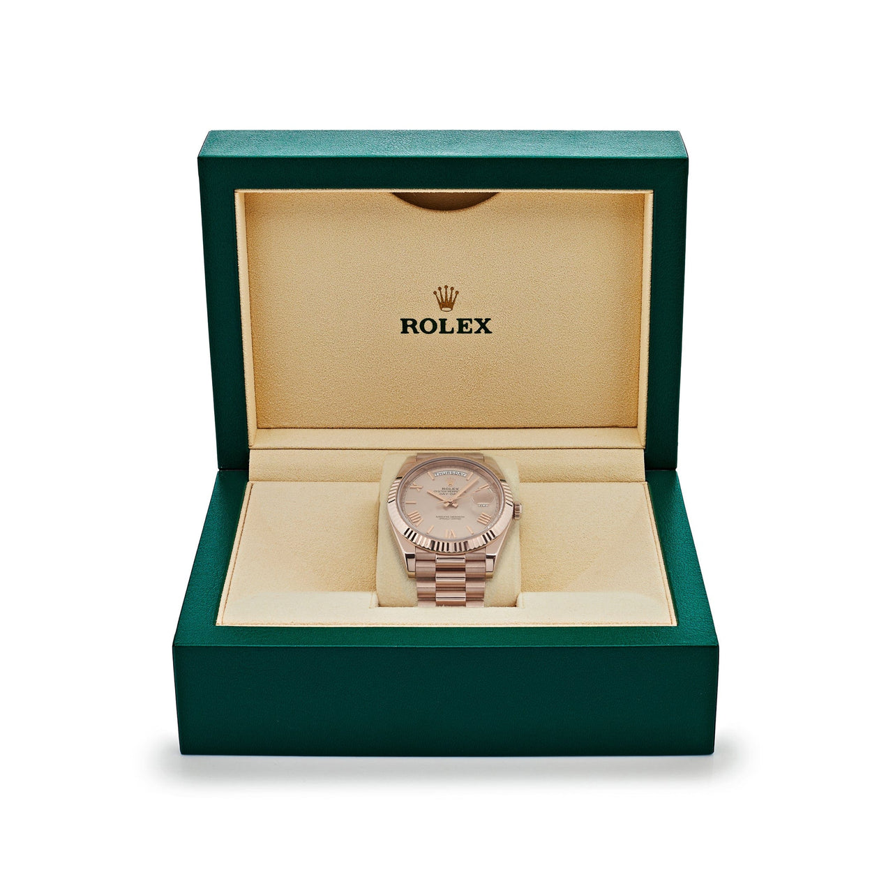 Luxury Watch Rolex Day-Date 40 Rose Gold Sundust Roman Dial 228235 Wrist Aficionado