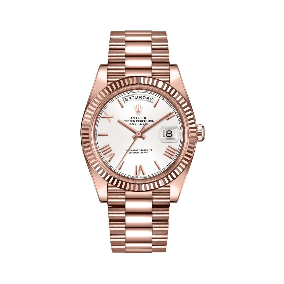 Luxury Watch Rolex Day-Date 40 Rose Gold White Roman Dial 228235 Wrist Aficionado