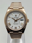 Luxury Watch Rolex Day-Date 40 Rose Gold White Roman Dial 228235 Wrist Aficionado