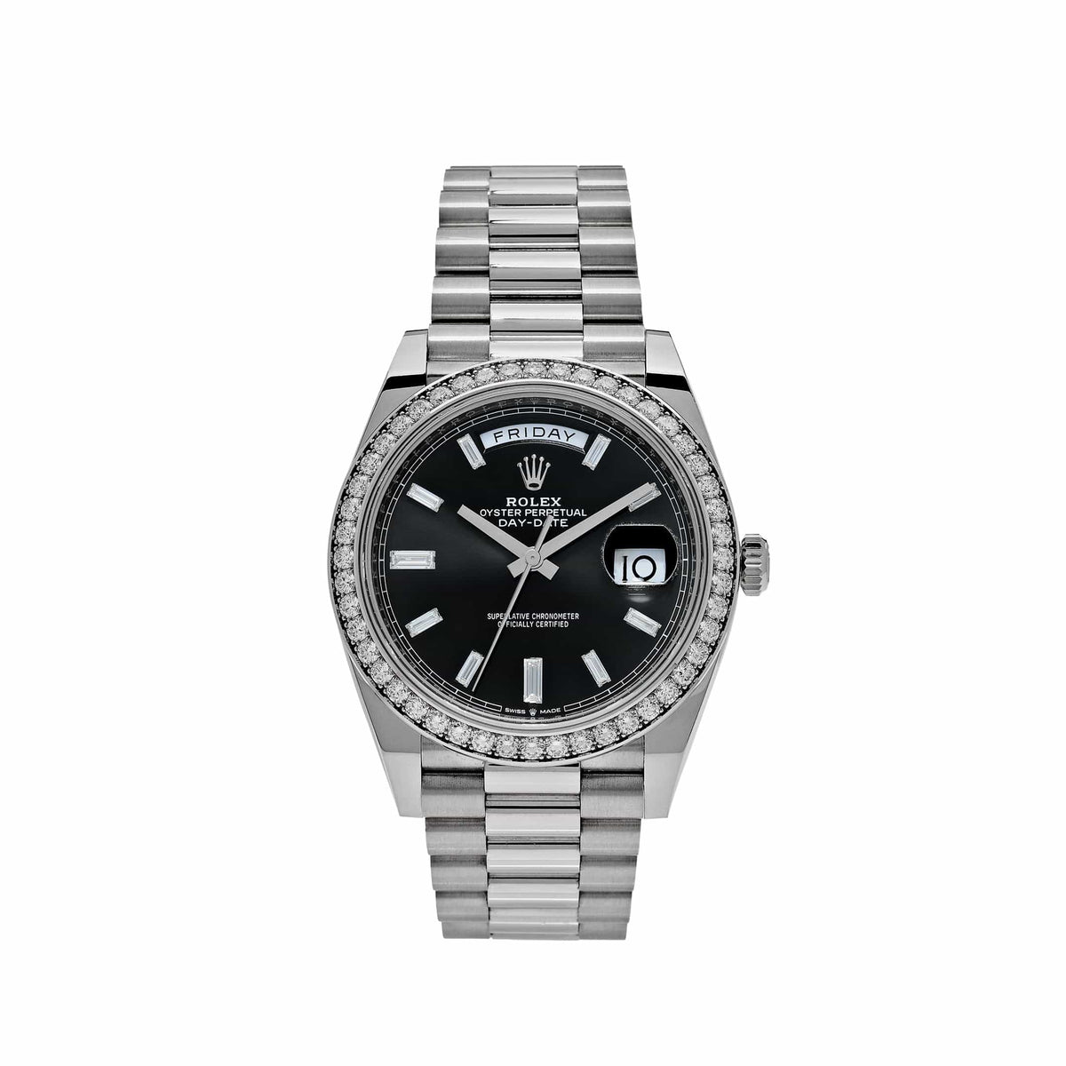 Rolex Day-Date 40 228349RBR White Gold Black Diamond Baguette Dial Diamond Bezel (2021)