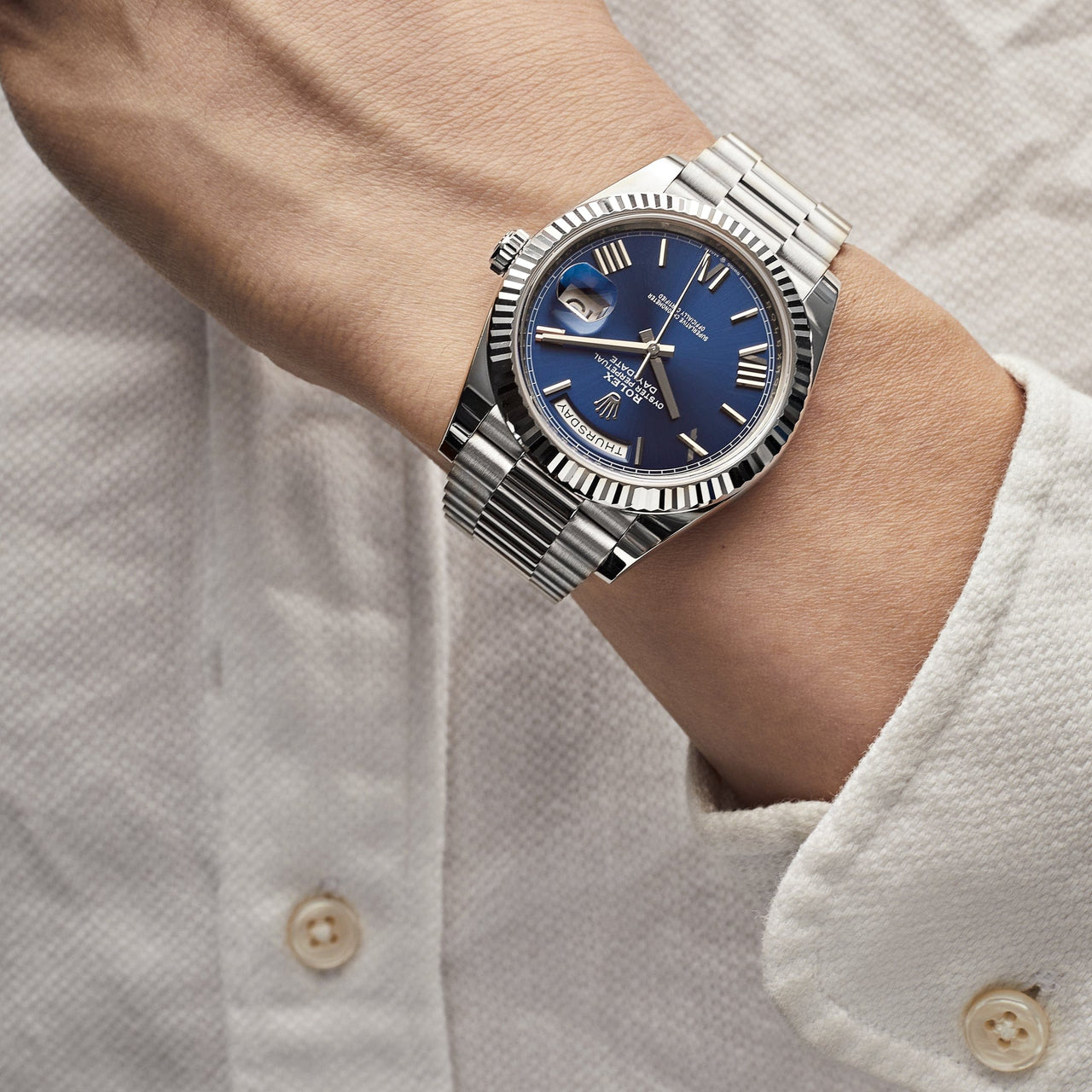 Luxury Watch Rolex Day-Date 40 White Gold Blue Dial 228239 (2022) Wrist Aficionado