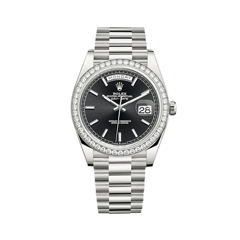 Luxury Watch Rolex Day-Date 40 White Gold Diamond Bezel Black Dial 228349RBR Wrist Aficionado