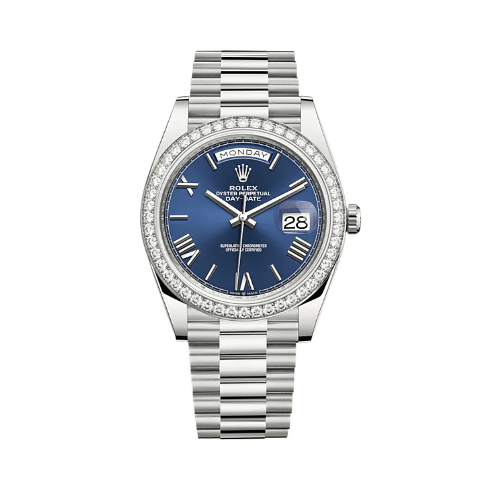 Luxury Watch Rolex Day-Date 40 White Gold Diamond Bezel Blue Dial 228349RBR Wrist Aficionado