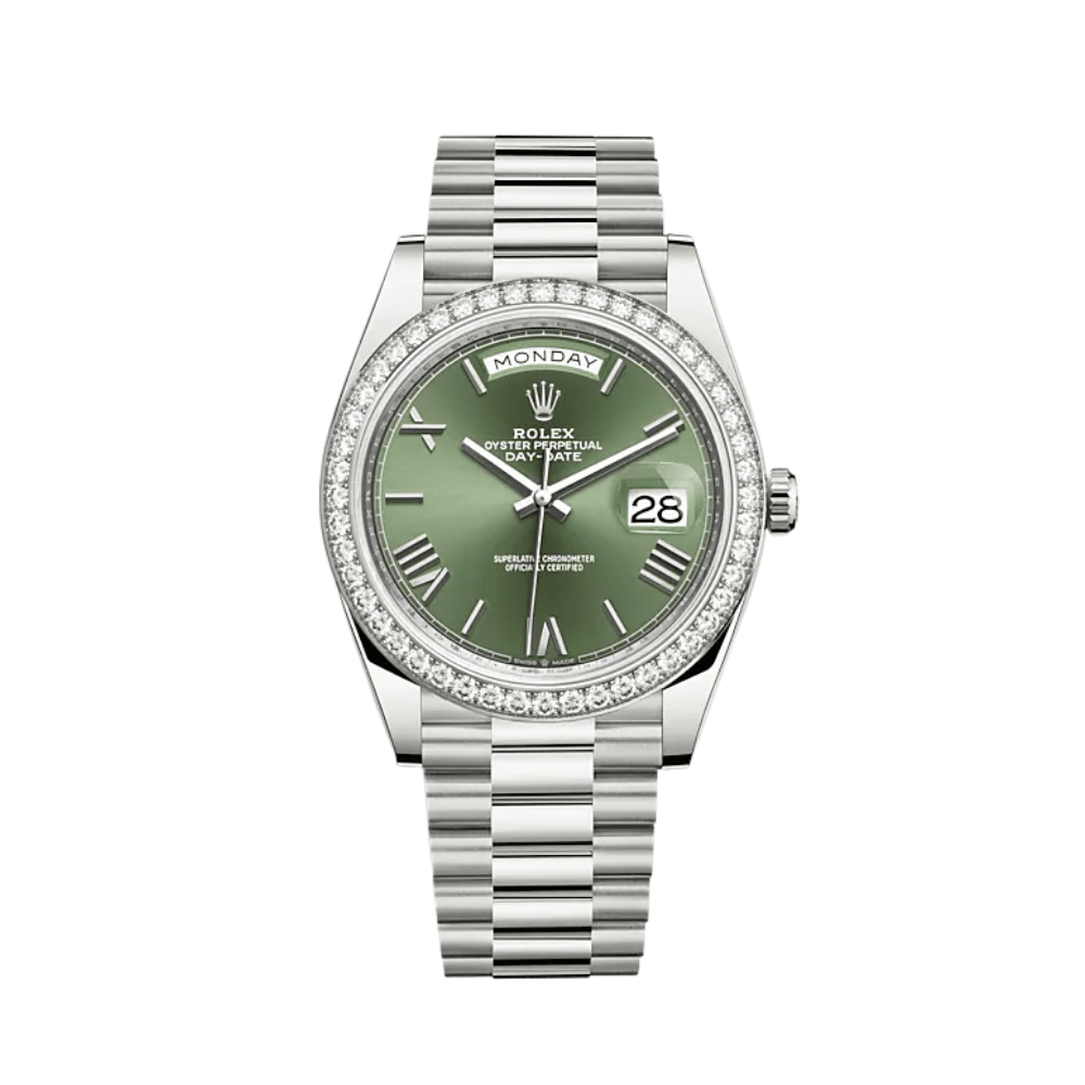 Luxury Watch Rolex Day-Date 40 White Gold Diamond Bezel Olive Green Dial 228349RBR Wrist Aficionado
