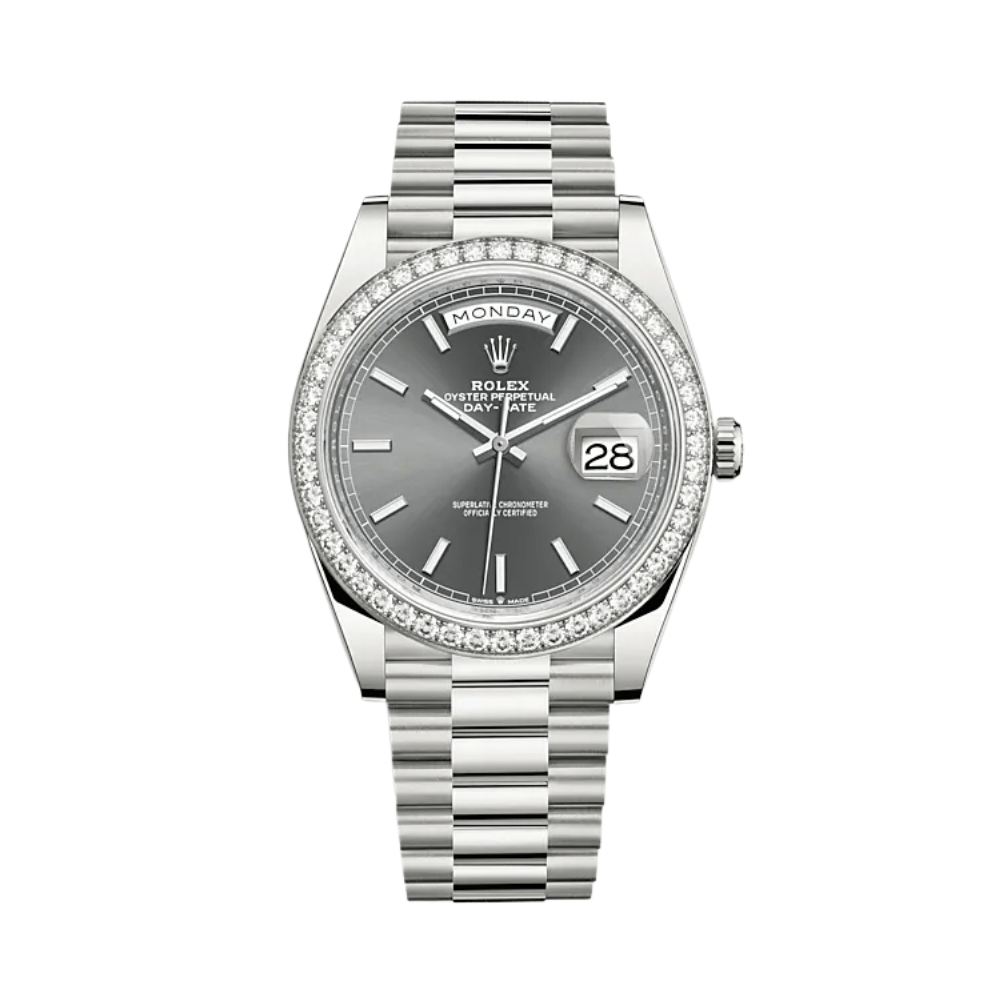 Luxury Watch Rolex Day-Date 40 White Gold Diamond Bezel Slate Dial 228349RBR Wrist Aficionado