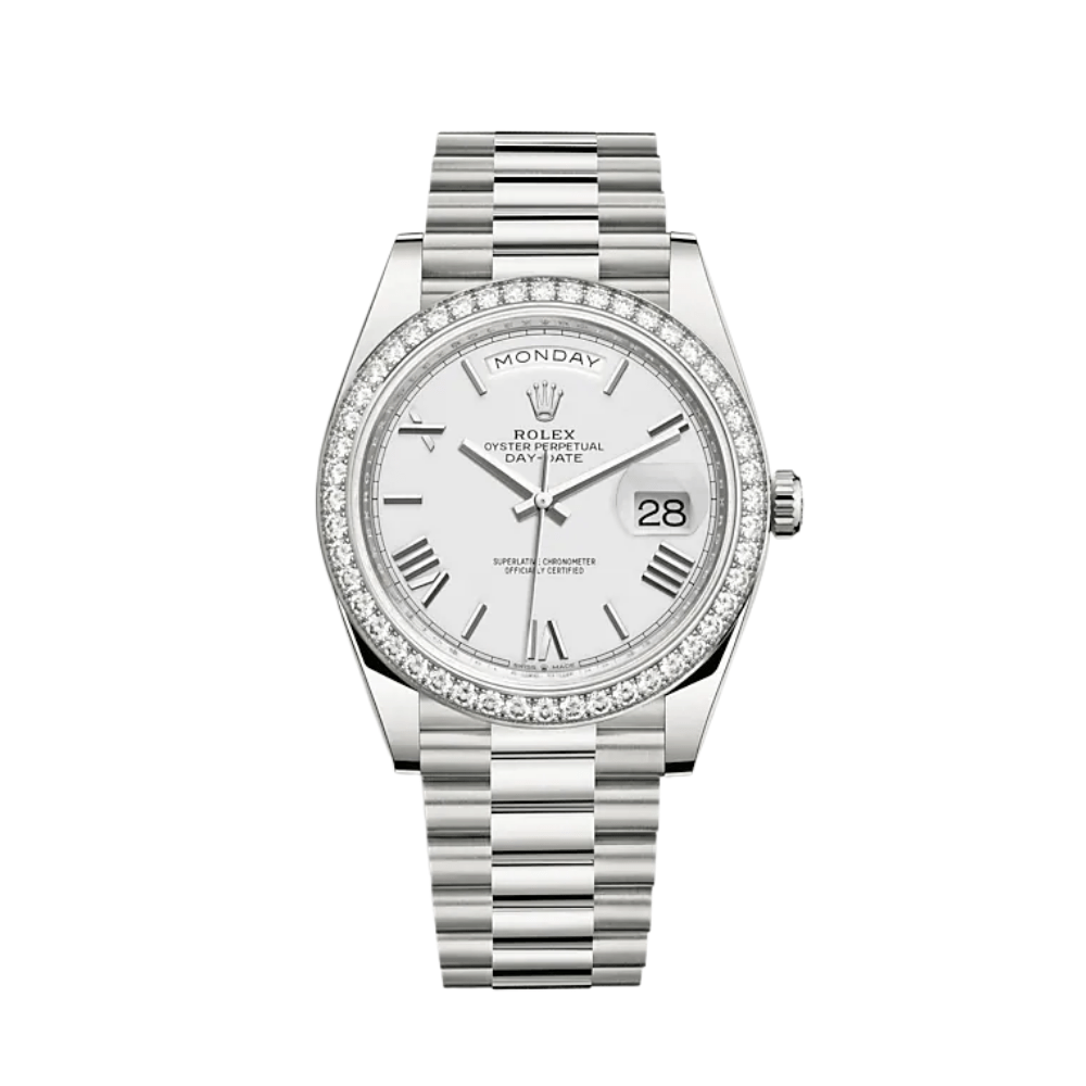 Luxury Watch Rolex Day-Date 40 White Gold Diamond Bezel White Dial 228349RBR Wrist Aficionado