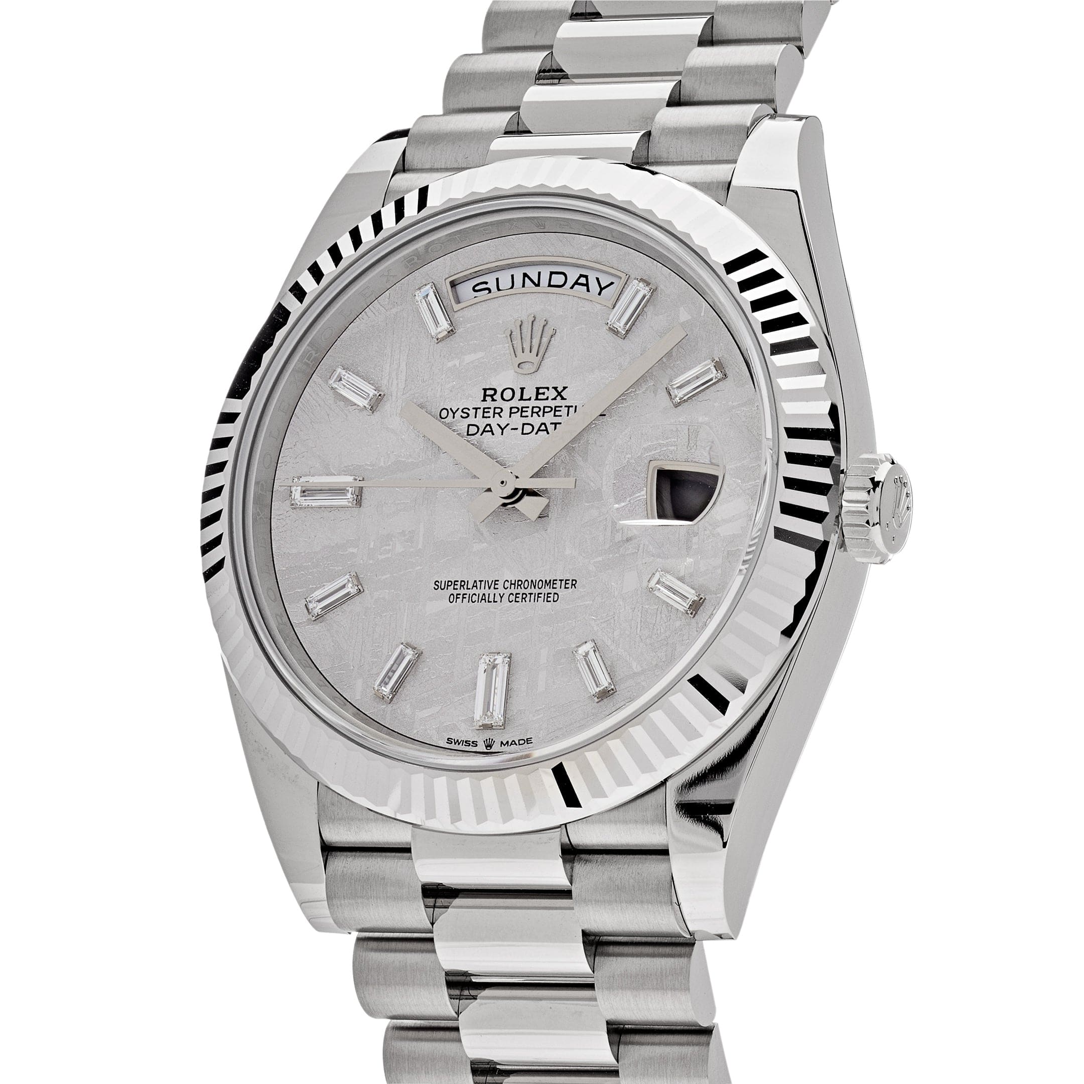 Luxury Watch Rolex Day-Date 40 White Gold Meteorite Diamond Dial 228239 Wrist Aficionado