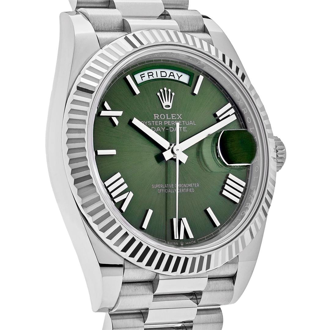 Luxury Watch Rolex Day-Date 40 White Gold Olive Dial 228239 (2022) Wrist Aficionado