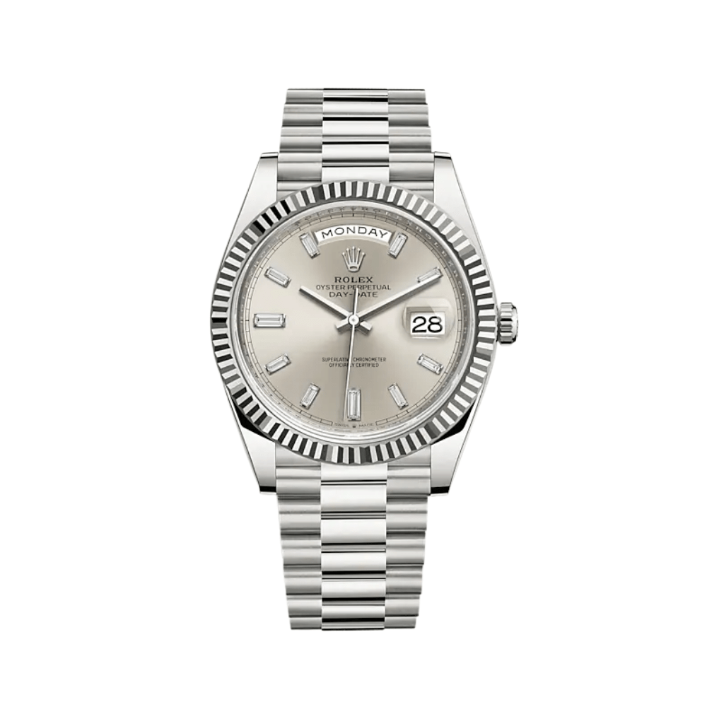 Luxury Watch Rolex Day-Date 40 White Gold Silver Diamond Dial 228239 Wrist Aficionado