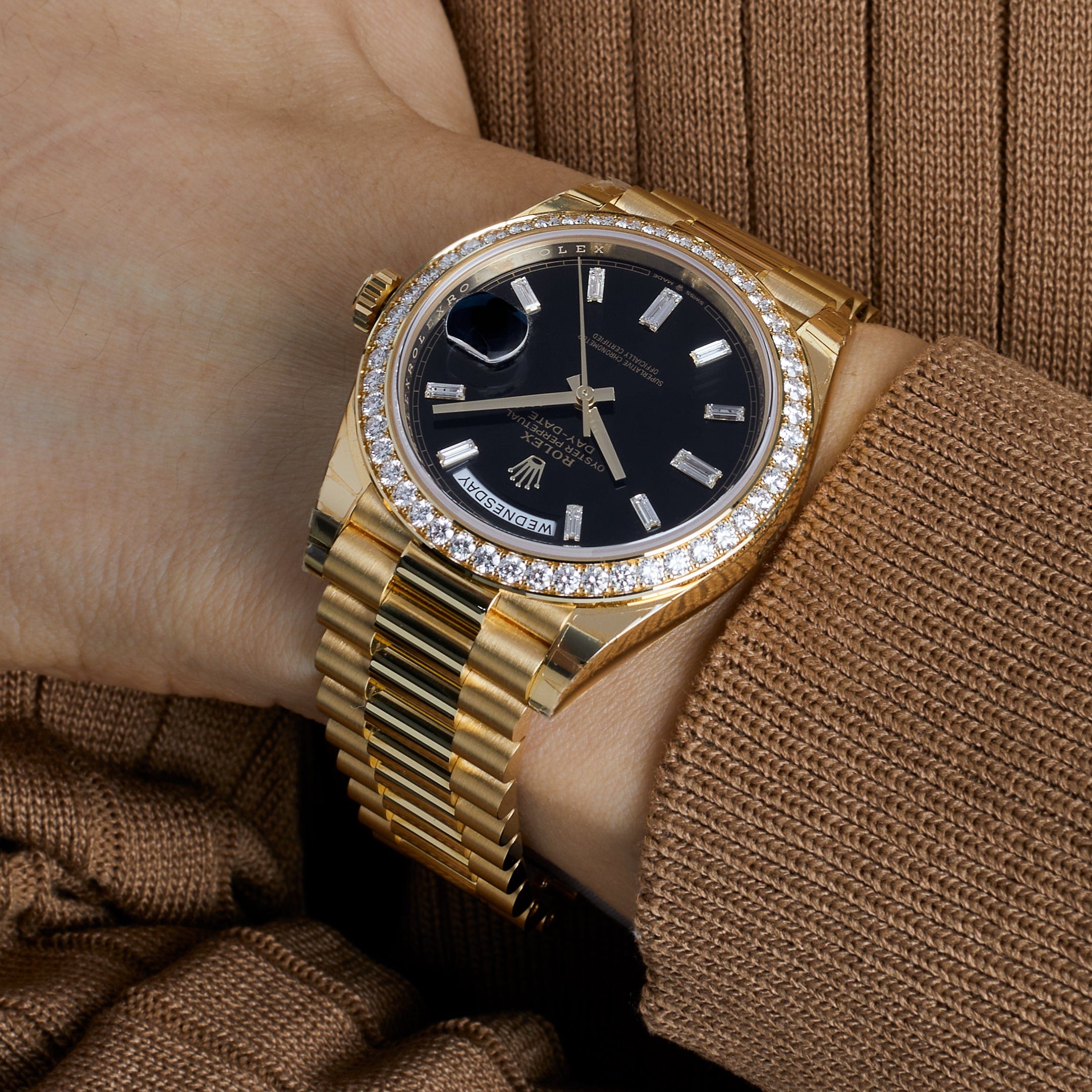 Luxury Watch Rolex Day-Date 40 Yellow Gold Black Diamond Dial & Bezel 228348RBR Wrist Aficionado