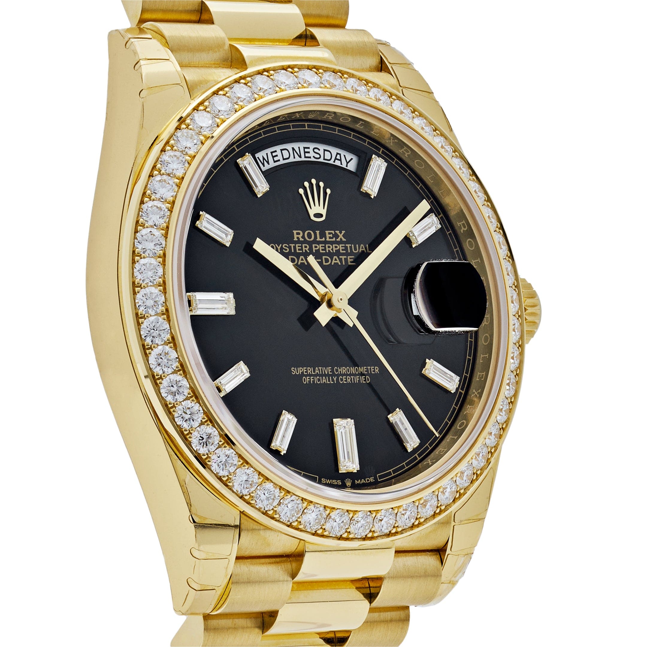 Luxury Watch Rolex Day-Date 40 Yellow Gold Black Diamond Dial & Bezel 228348RBR Wrist Aficionado