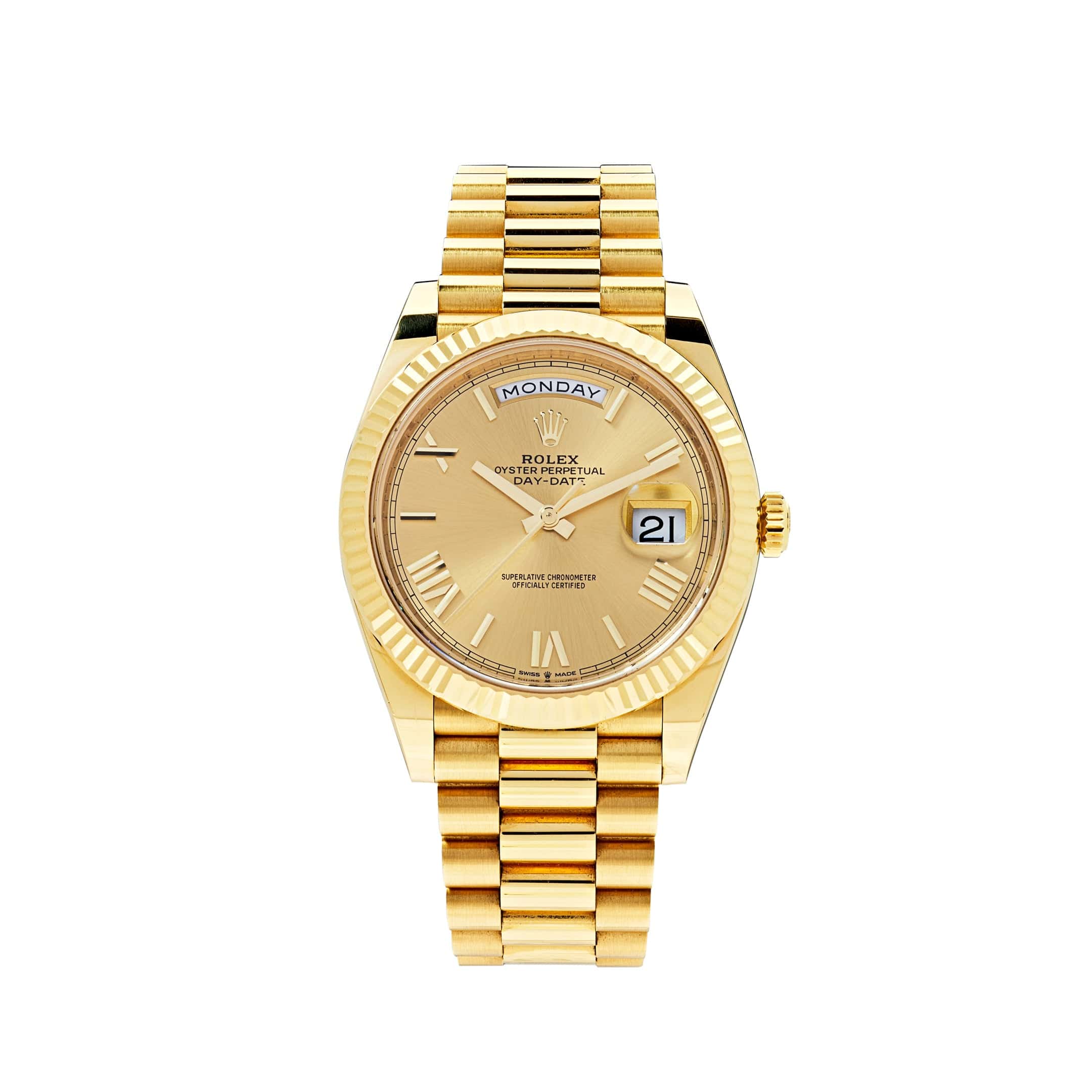 Luxury Watch Rolex Day-Date 40 Yellow Gold Champagne Roman Dial 228238 Wrist Aficionado