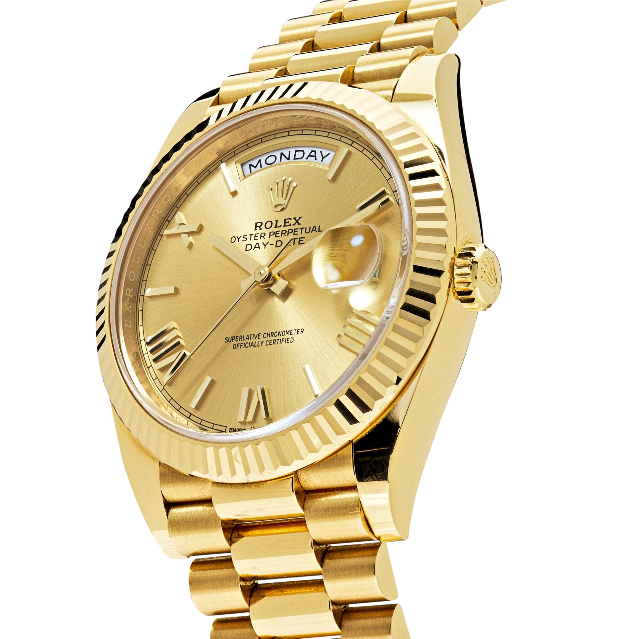 Luxury Watch Rolex Day-Date 40 Yellow Gold Champagne Roman Dial 228238 Wrist Aficionado