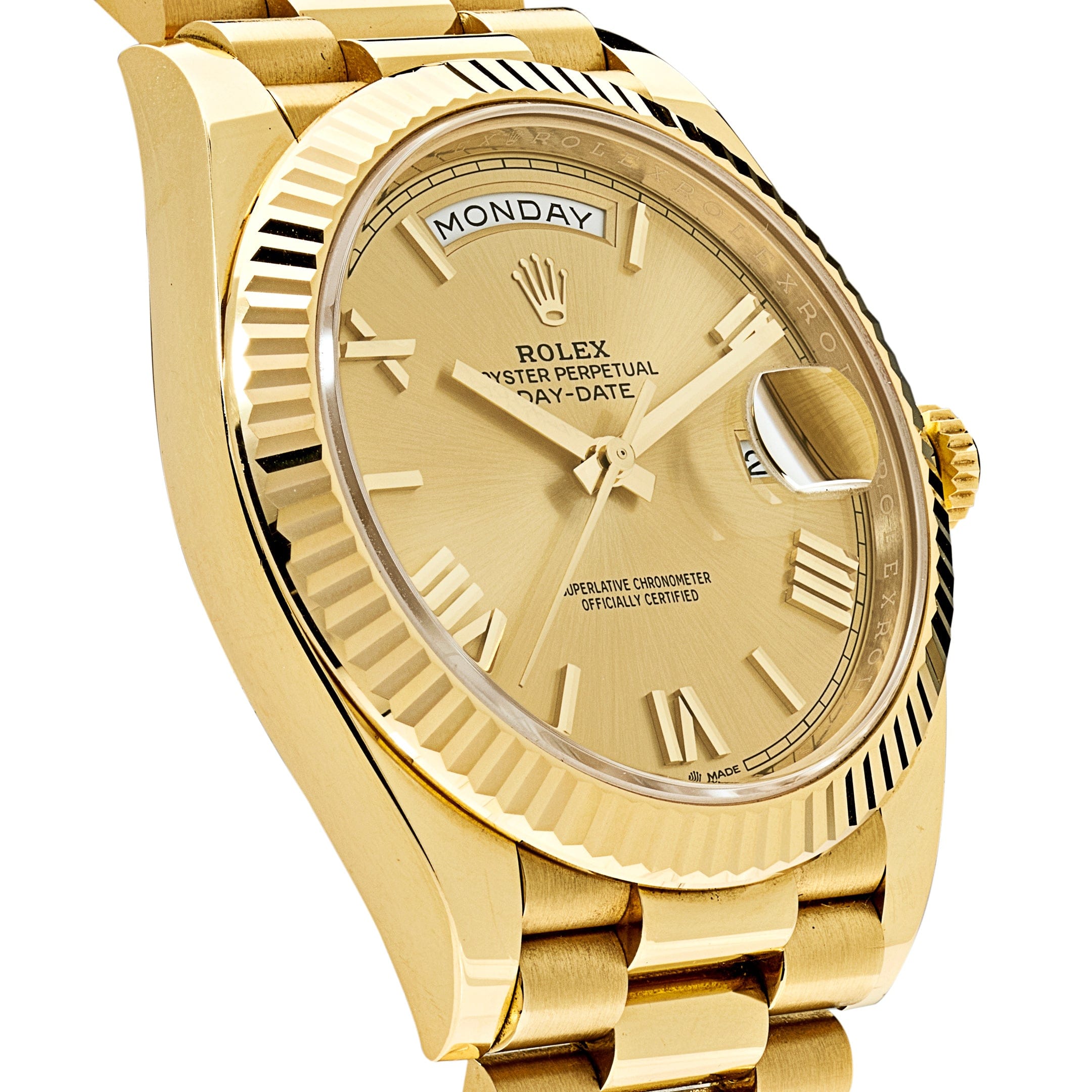 Luxury Watch Rolex Day-Date 40 Yellow Gold Champagne Roman Dial 228238 Wrist Aficionado