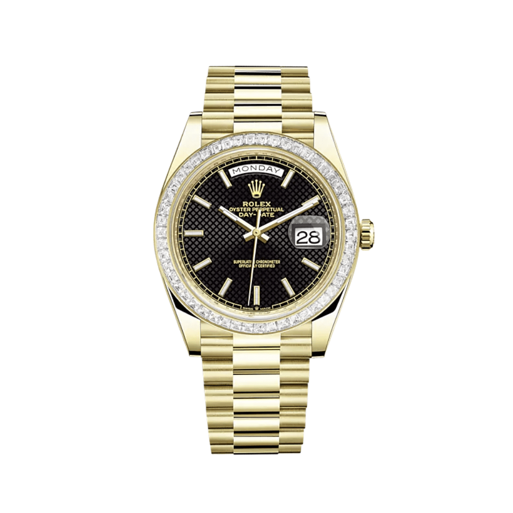 Luxury Watch Rolex Day-Date 40 Yellow Gold Diamond Bezel Black Dial 228398TBR Wrist Aficionado
