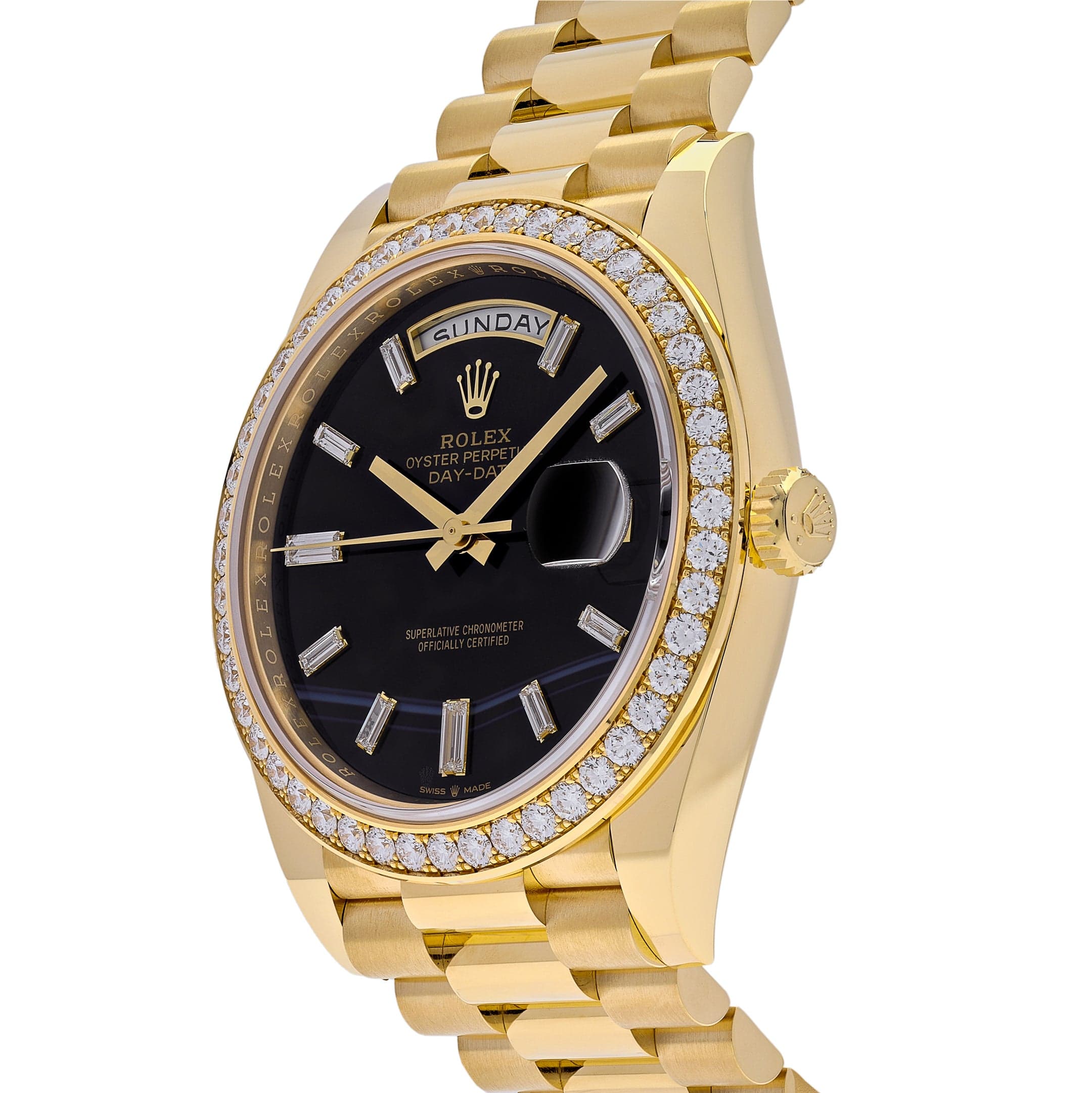 Luxury Watch Rolex Day-Date 40 Yellow Gold Diamond Bezel Black Onyx Dial 228348RBR Wrist Aficionado