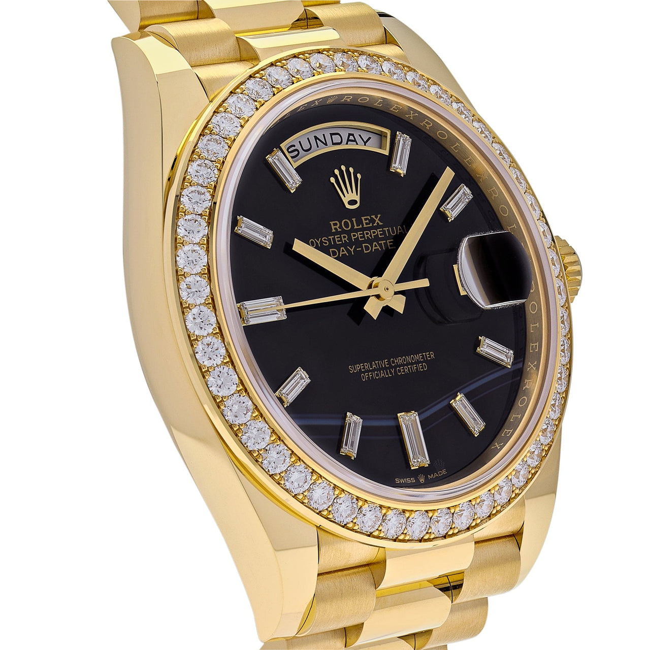 Luxury Watch Rolex Day-Date 40 Yellow Gold Diamond Bezel Black Onyx Dial 228348RBR Wrist Aficionado