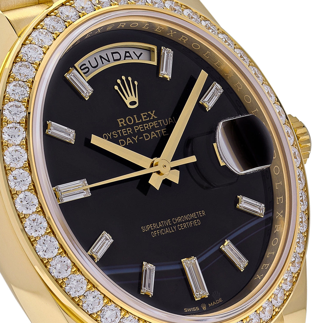 Luxury Watch Rolex Day-Date 40 Yellow Gold Diamond Bezel Black Onyx Dial 228348RBR Wrist Aficionado