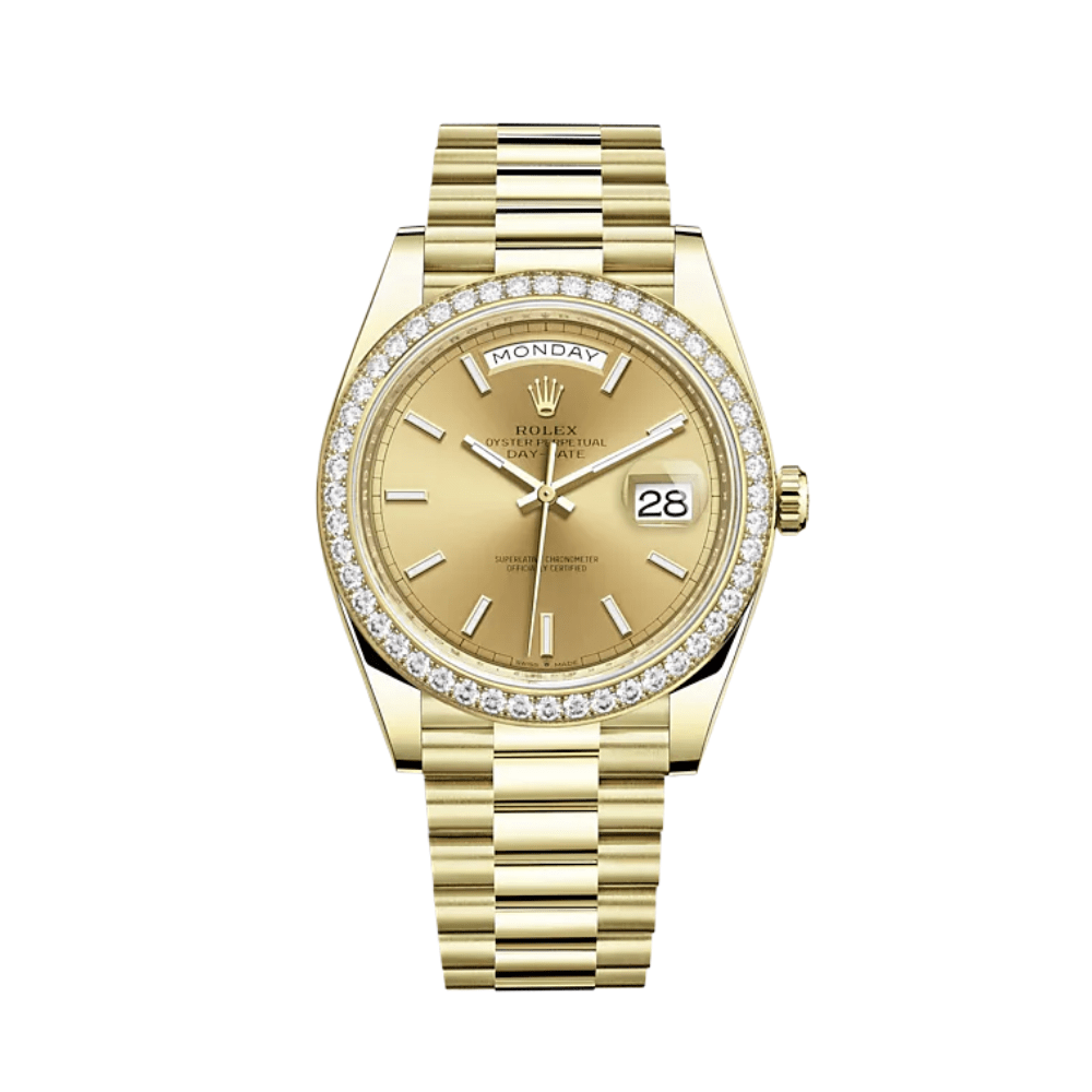 Luxury Watch Rolex Day-Date 40 Yellow Gold Diamond Bezel Champagne Dial 228348RBR Wrist Aficionado