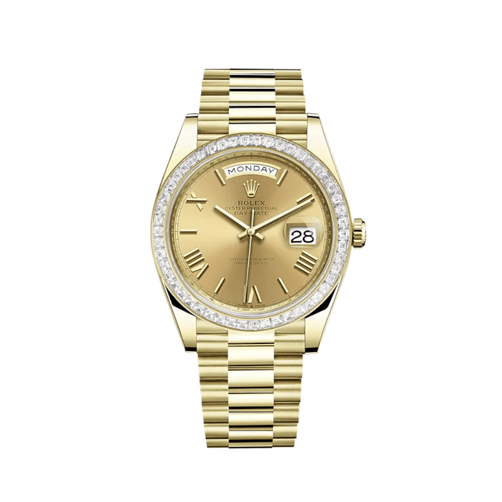 Luxury Watch Rolex Day-Date 40 Yellow Gold Diamond Bezel Champagne Dial ...