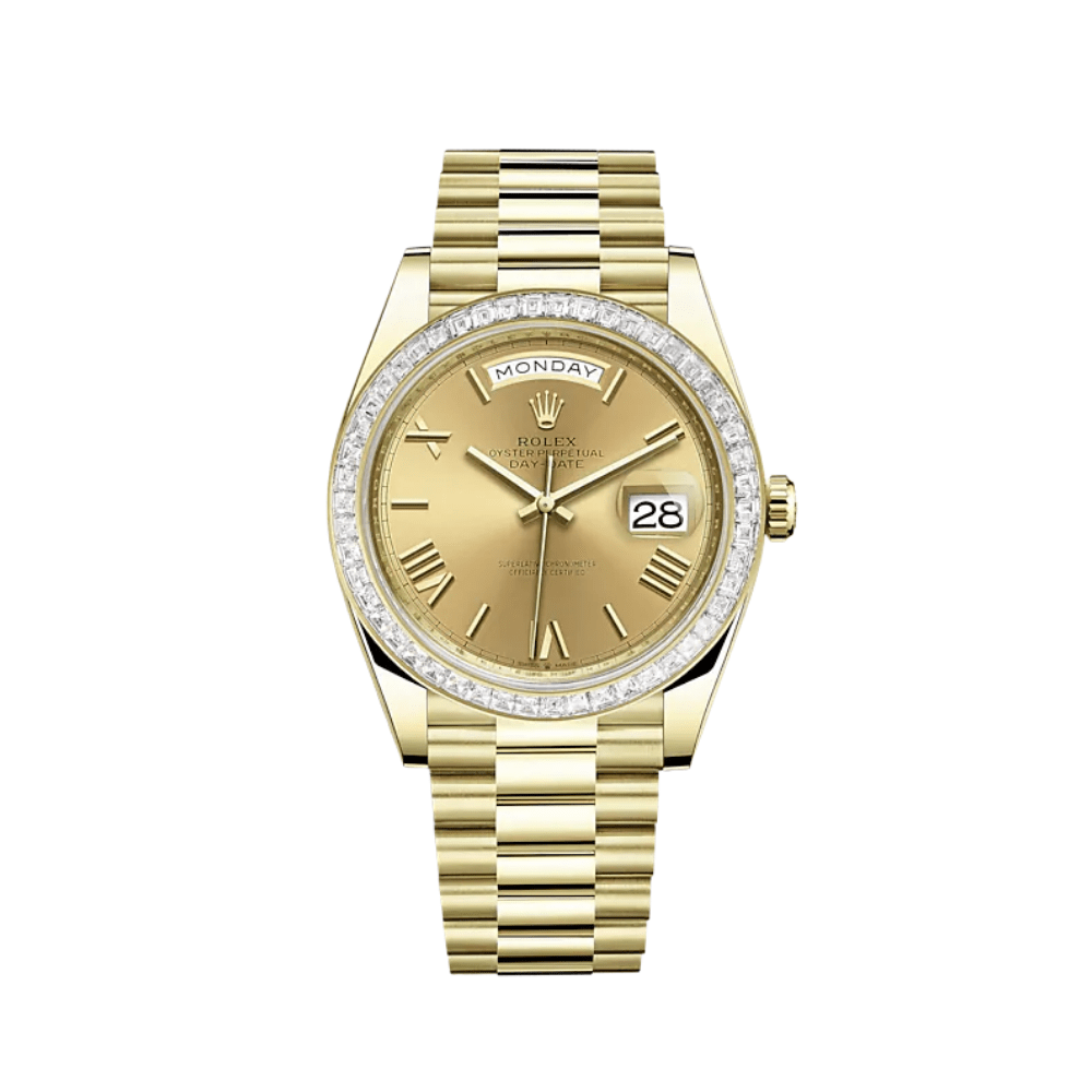 Luxury Watch Rolex Day-Date 40 Yellow Gold Diamond Bezel Champagne Dial 228398TBR Wrist Aficionado