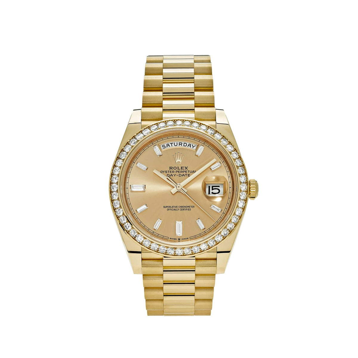 Rolex Day-Date 40 228348RBR Yellow Gold Champagne Diamond Baguette Dial Diamond Bezel (2021)