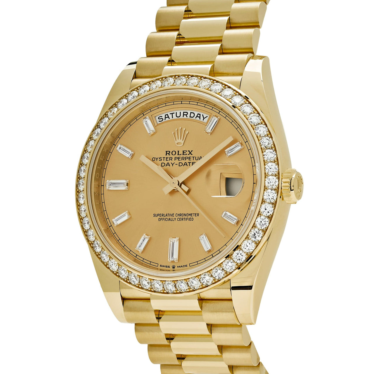 Luxury Watch Rolex Day-Date 40 Yellow Gold Diamond Bezel Champagne Diamond Dial 228348RBR Wrist Aficionado