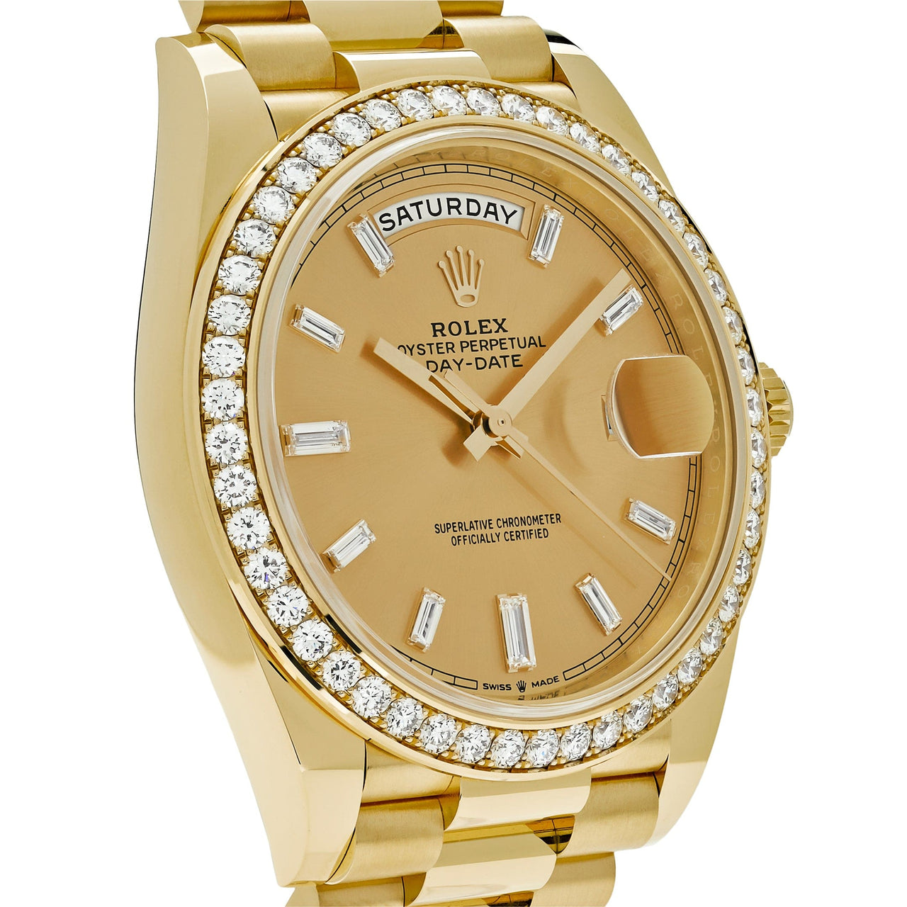 Luxury Watch Rolex Day-Date 40 Yellow Gold Diamond Bezel Champagne Diamond Dial 228348RBR Wrist Aficionado