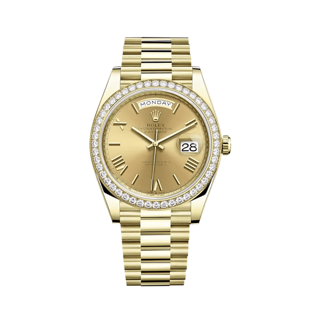 Luxury Watch Rolex Day-Date 40 Yellow Gold Diamond Bezel Champagne Roman Dial 228348RBR Wrist Aficionado