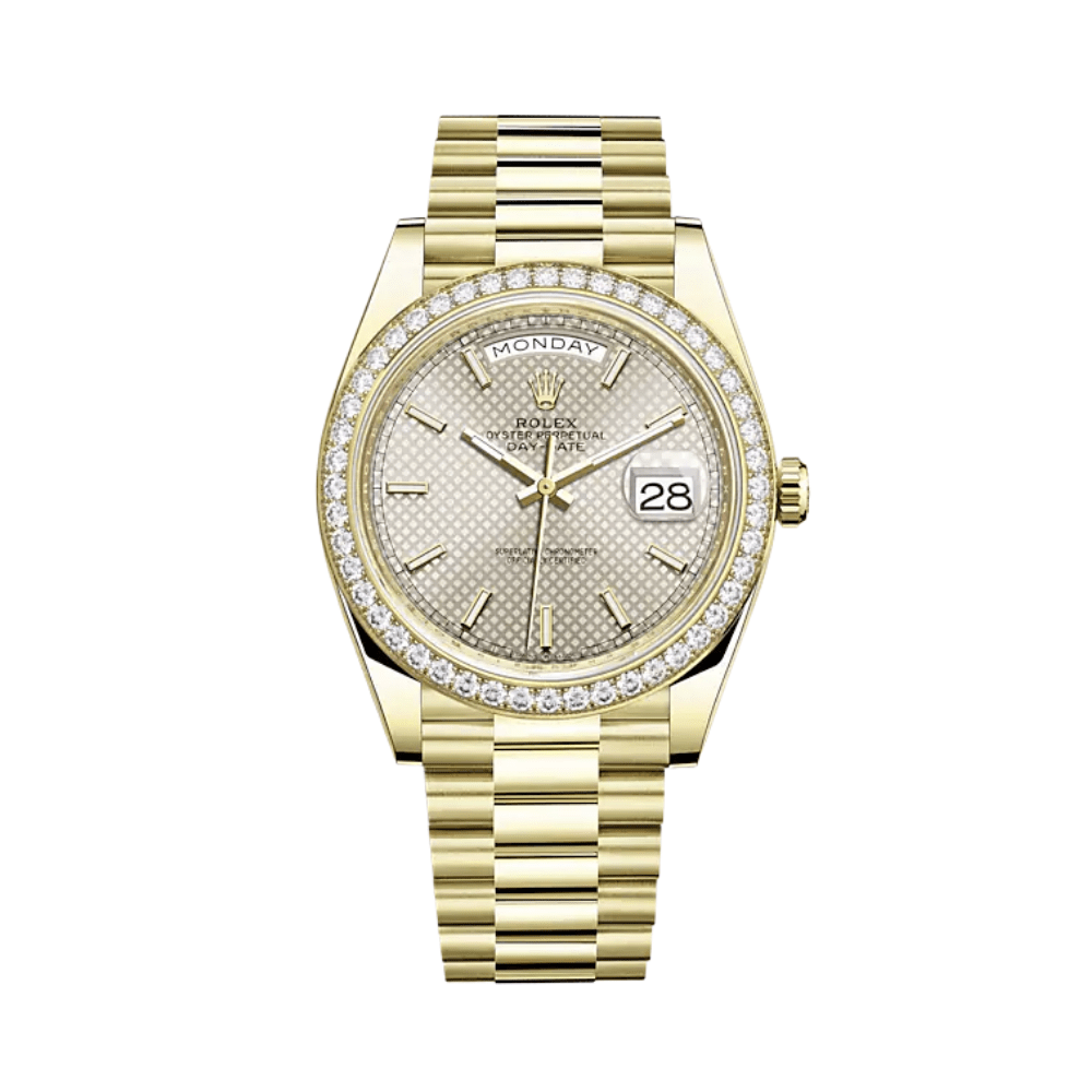 Luxury Watch Rolex Day-Date 40 Yellow Gold Diamond Bezel Silver Dial 228348RBR Wrist Aficionado